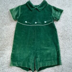 Vintage Grace Green Cotton Velvet Embroidered Mouse Romper Shortall Size 2